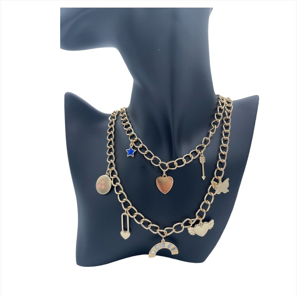 BP Layered Chain Link W Charms Necklace, Gold Multi